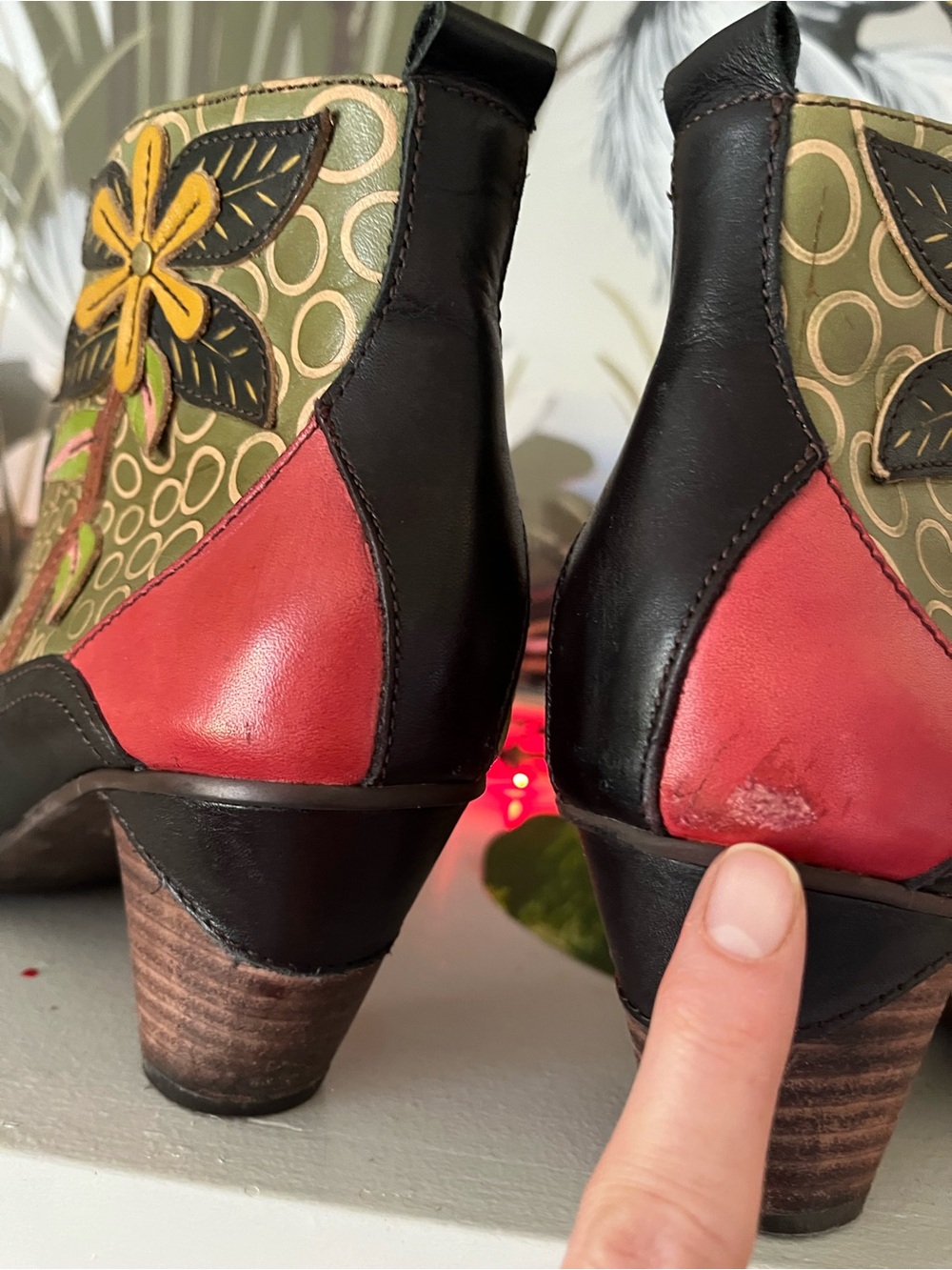 Floral Embroidered Olive & Black Ankle Booties - Picture 5 of 11